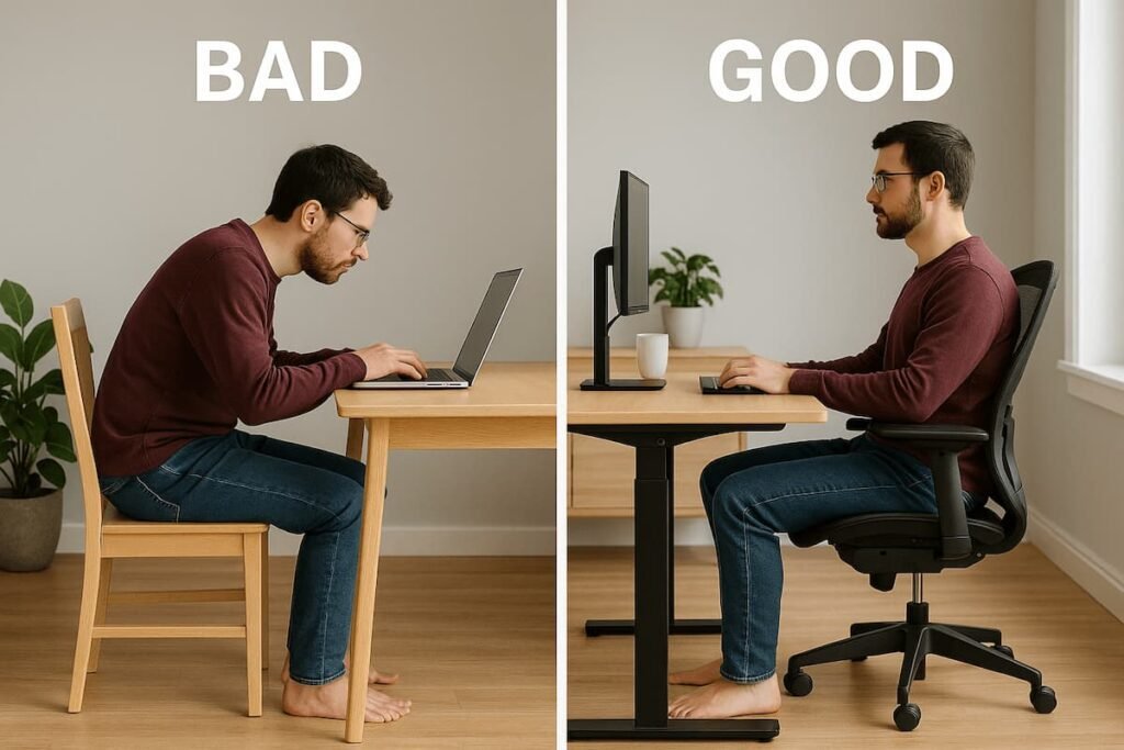 Comparación entre una mala postura y una buena postura gracias a muebles ergonómicos