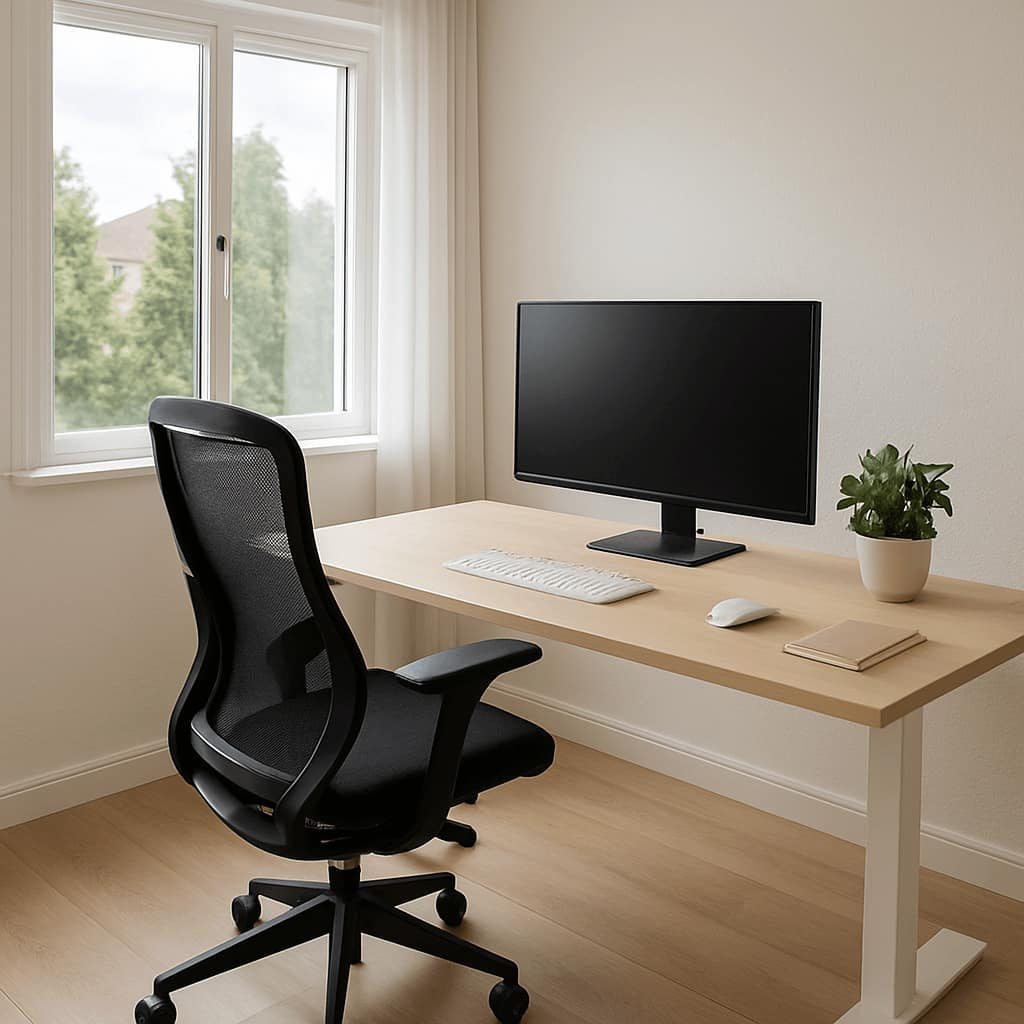 Escritorio ergonómico bien iluminado y ordenado para teletrabajo