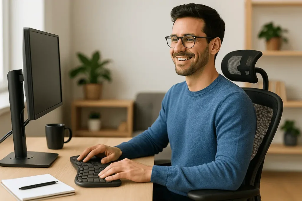 Trabajador satisfecho con su espacio de trabajo ergonómico en casa